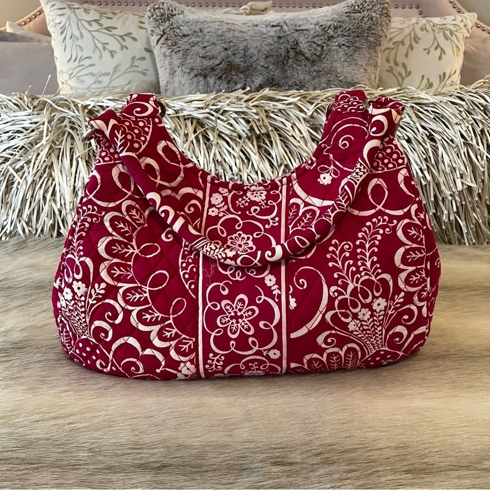 VERA BRADLEY Twirly Birds Red 2010 Large Hobo Bag White Y2K Quilted Commuter